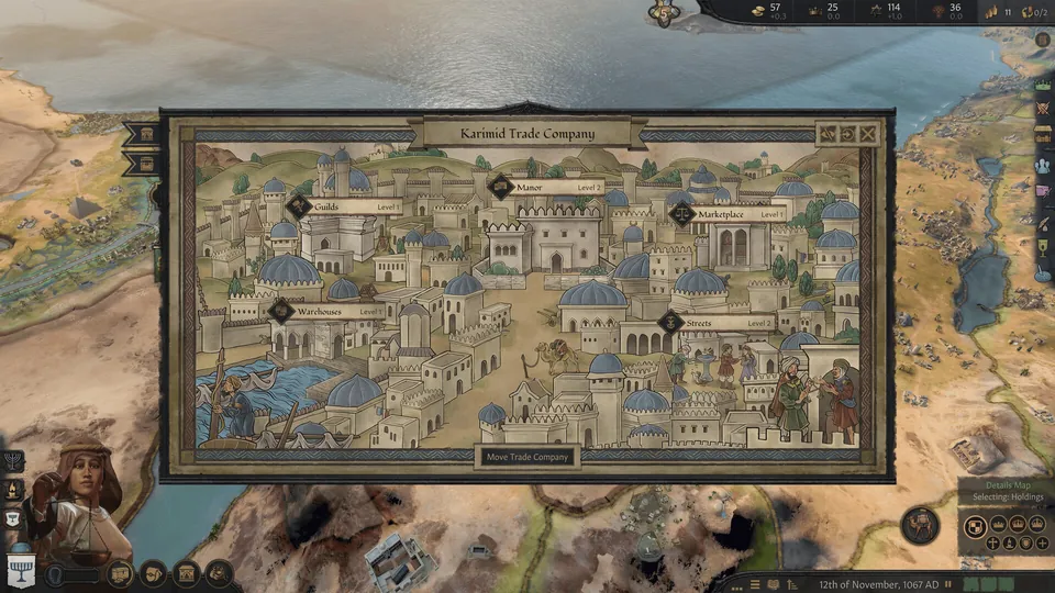 Karimid Trade Company mansion window with upgradable guilds, manor, marketplace, warehouses and streets over a desert map