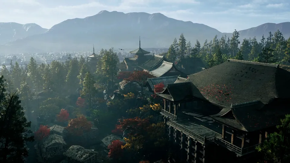 Temple roofs and a wooden stage stand among autumn trees above Kyoto, with mountains behind, in Onimusha: Way of the Sword