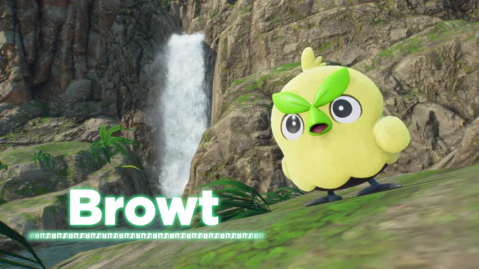 Browt, the Grass-type Bean Chick Pokémon, next to a waterfall in Pokémon Winds and Pokémon Waves