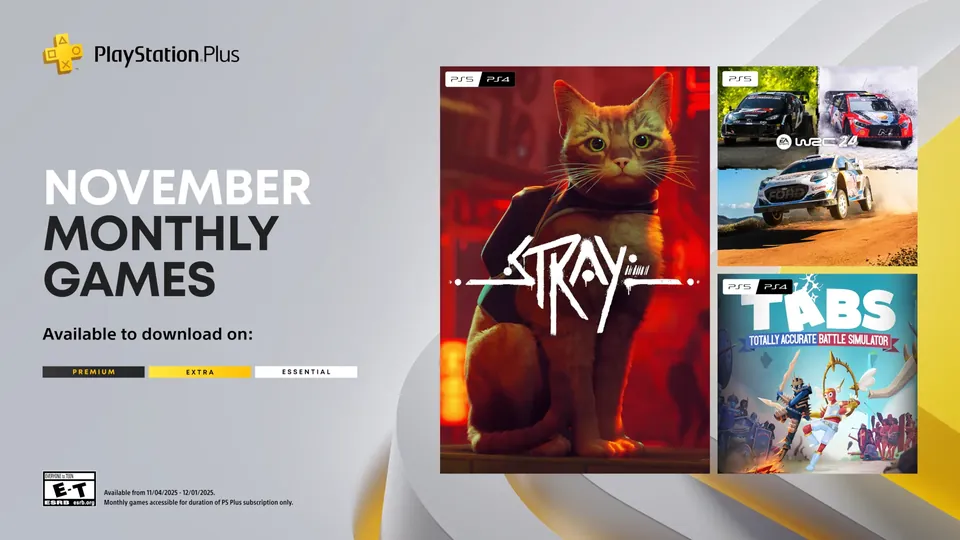 PlayStation Plus banner for the November 2025 monthly games, Stray, EA Sports WRC 24 and Totally Accurate Battle Simulator
