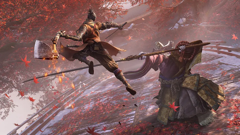 The shinobi leaps with a prosthetic axe at a warrior holding a spear among falling red leaves in Sekiro