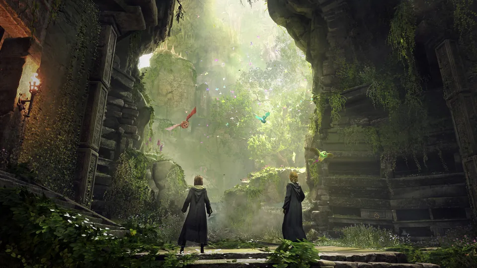 Two students in robes walk through overgrown ruins toward a bright opening full of sunlight