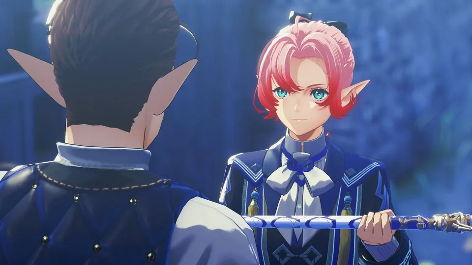 A character with pink hair and pointed ears holds a staff in Xenoblade Genesis
