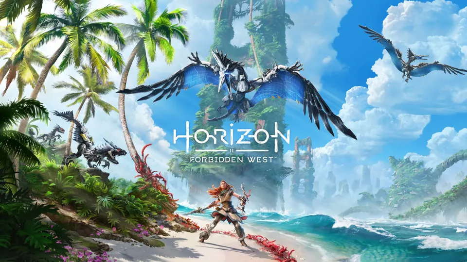 Aloy on a tropical beach below a flying machine in key art for Horizon Forbidden West