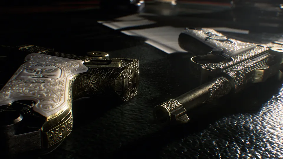 A pair of ornate pistols with engraved gold barrels and pearl grips rests on a dark desk beside papers in Resident Evil Veronica