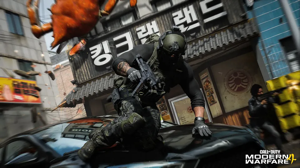 A soldier in a gas mask moves past Korean shop signs in Modern Warfare 4