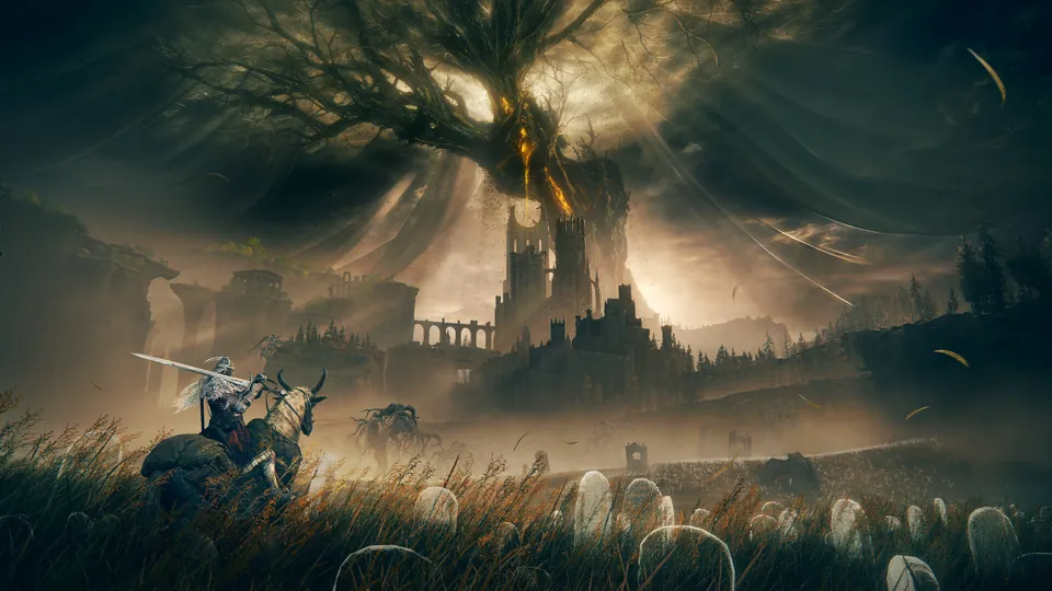 A rider on horseback crosses a field of graves toward a giant dark tree in Elden Ring Shadow of the Erdtree