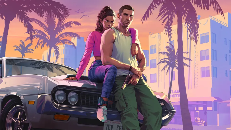 Lucia and Jason sit on the hood of a car under palm trees — Trailer 1 poster