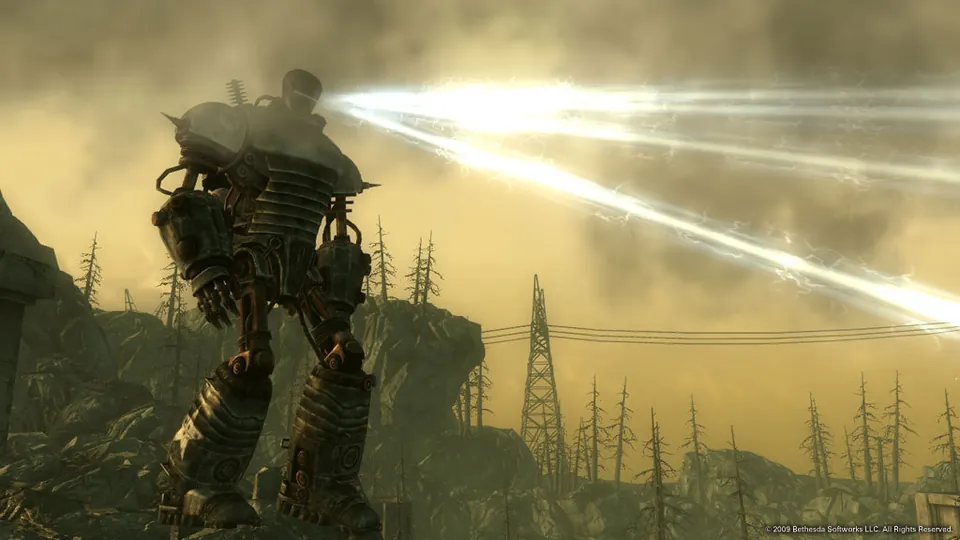 The giant robot Liberty Prime fires a beam of light across a hazy wasteland in Fallout 3
