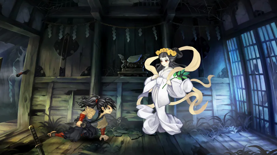 A pale spirit in white robes floats over a fallen fighter in a ruined hall in Muramasa: Revenant Blades