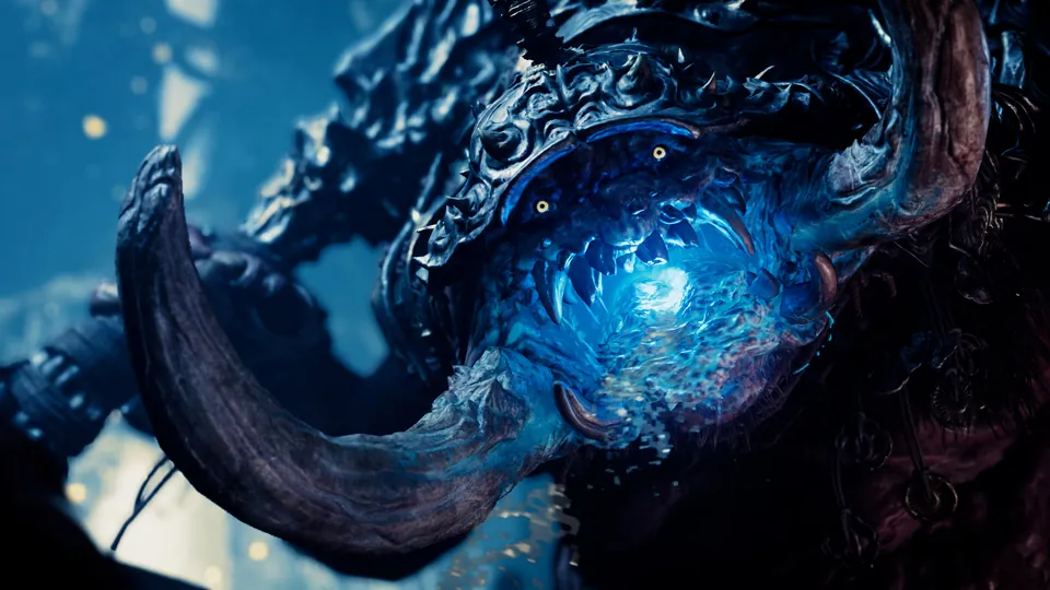 A close view of the Oni Gauntlet, a horned demon arm glowing blue, in Onimusha: Way of the Sword