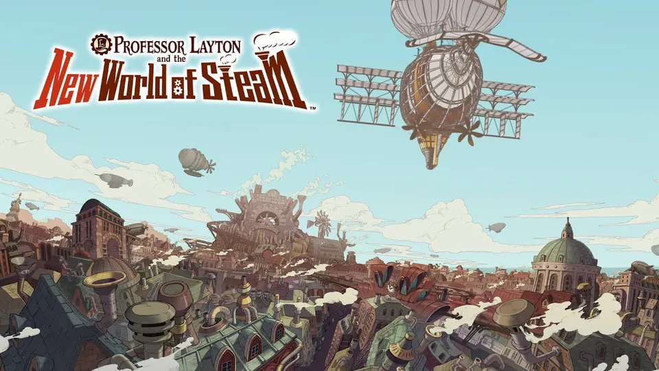 A large airship with propellers flies over the domes, towers and chimneys of Steam Bison in Professor Layton and the New World of Steam