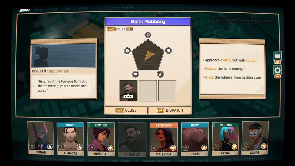Dispatch desk screen with a Bank Robbery call, a skill chart and the Z-Team roster with busy and resting heroes