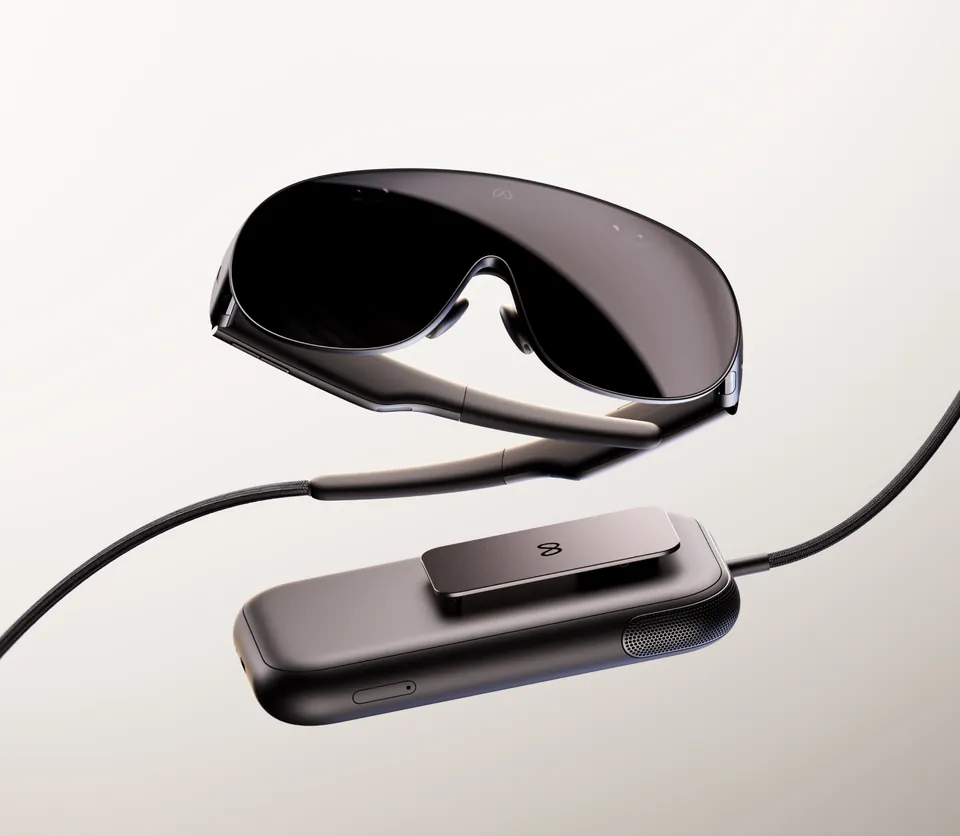 Meta VR Glasses with their cable and the pocket compute puck