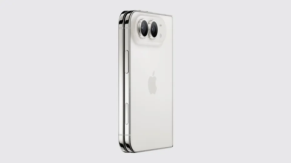 The back of a closed iPhone Duo in star white standing upright, showing the two stacked halves and the camera