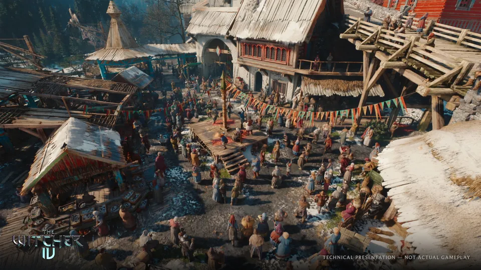 A crowded market square in the port town of Valdrest, seen from above in The Witcher 4 tech demo