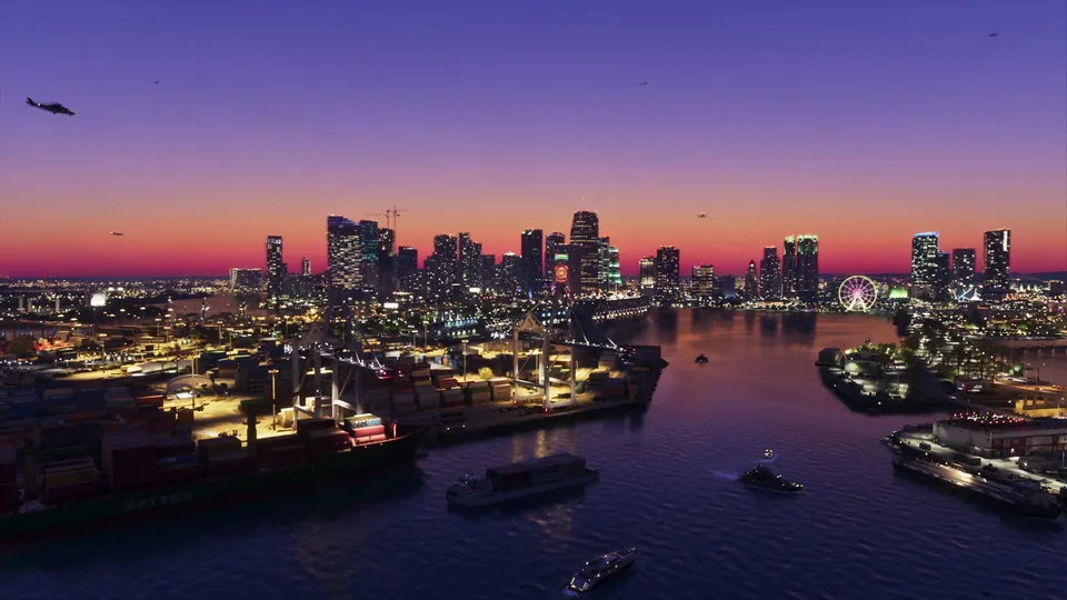 The Vice City skyline and harbor at dusk in Grand Theft Auto VI, with boats on the water and a lit Ferris wheel