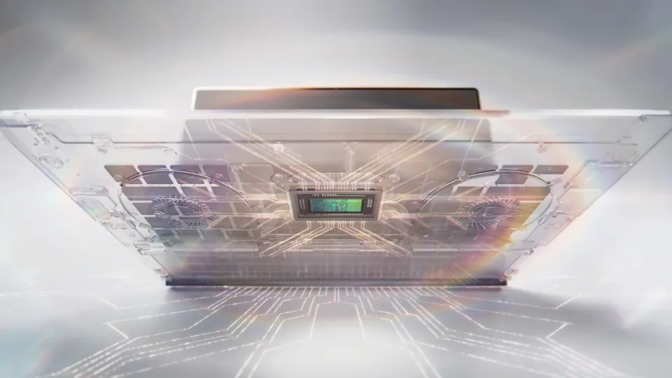 Nvidia's RTX Spark chip glowing inside the transparent body of a slim laptop