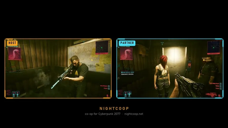 NightCoop host and partner screens side by side, with two players holding rifles in the same Cyberpunk 2077 mission