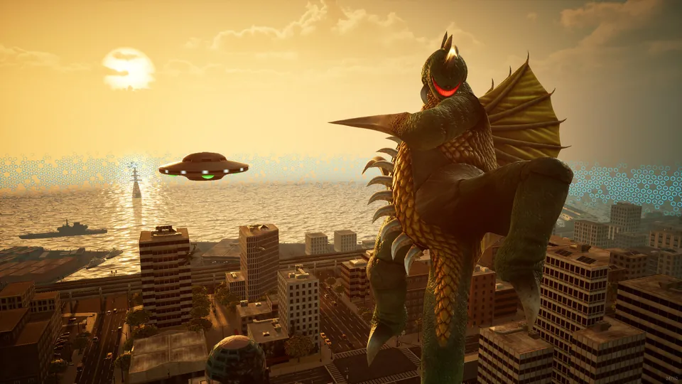 Gigan towers over the city at sunset as a flying saucer hovers over the sea in Godzilla: Destroy All Monsters Melee Remastered