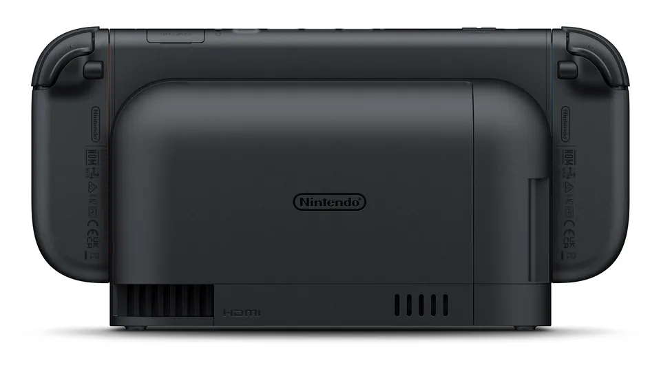 The back of a Nintendo Switch 2 sitting in its dock