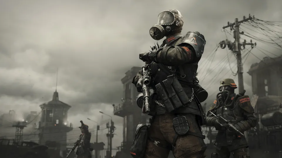 Two soldiers in gas masks and armor stand guard on a ruined Moscow street in Metro 2039