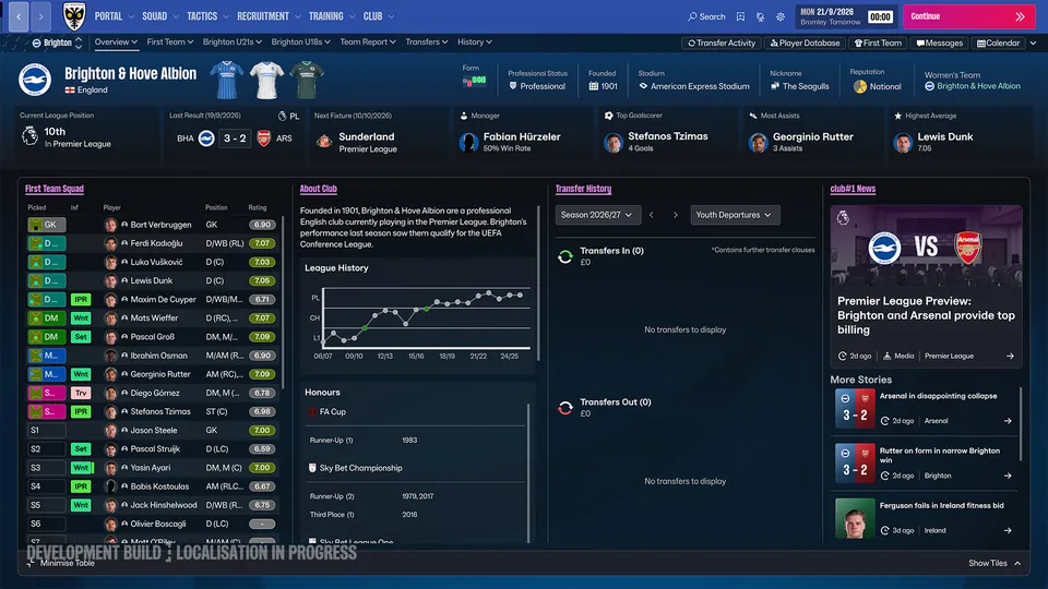 The Brighton & Hove Albion club overview screen in Football Manager 27