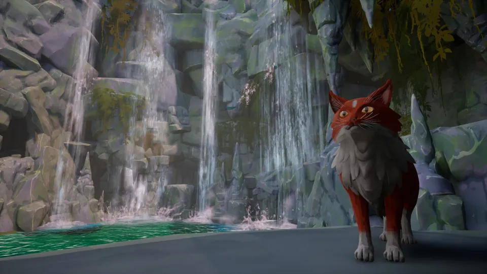 A red and gray cat stands by a waterfall and a rocky pool in Warrior Cats: Clans of the Forest