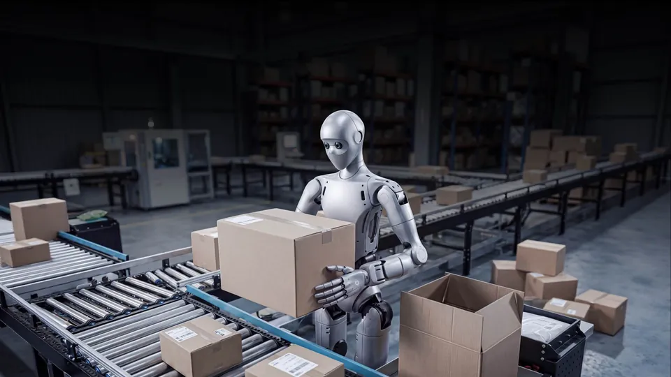 A Unitree H2 Plus lifting a cardboard box from a conveyor belt in a warehouse