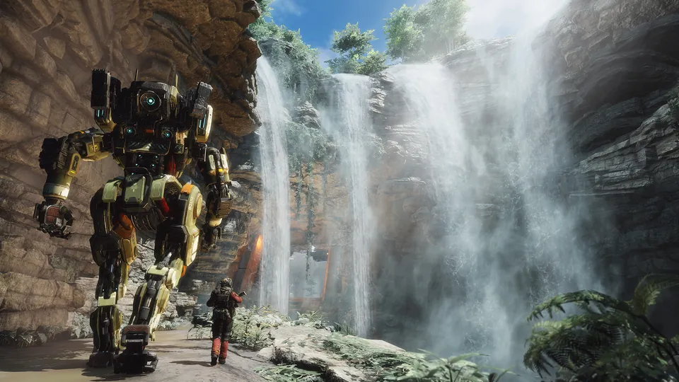 The titan BT-7274 and a pilot walk past a waterfall in Titanfall 2