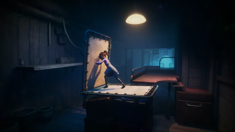 Out of Sight gameplay: a girl pushing a heavy door in a dim basement