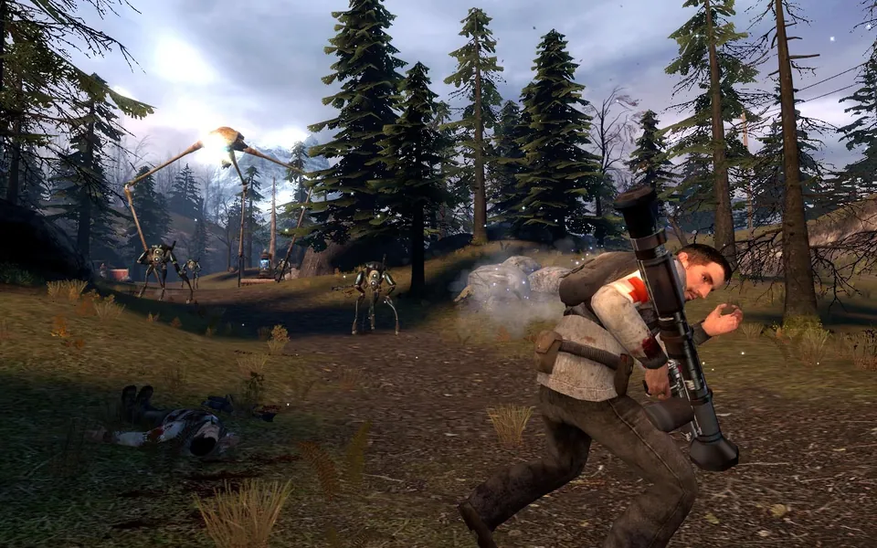 A resistance fighter with a rocket launcher crouches in a pine forest as Combine Striders advance in Half-Life 2: Episode Two