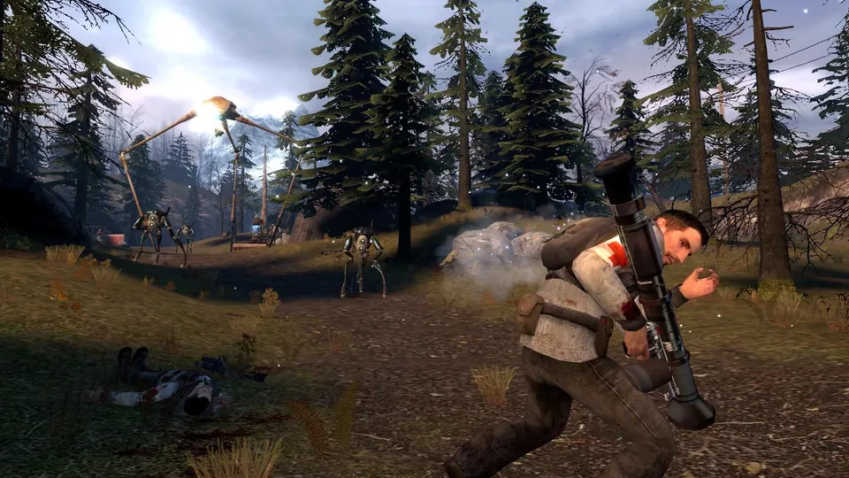 A resistance fighter with a rocket launcher crouches in a pine forest as Combine Striders advance in Half-Life 2: Episode Two
