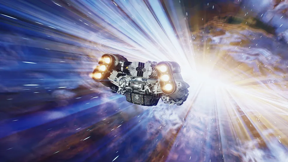 A starship grav jumps through a burst of blue and white light in Starfield.