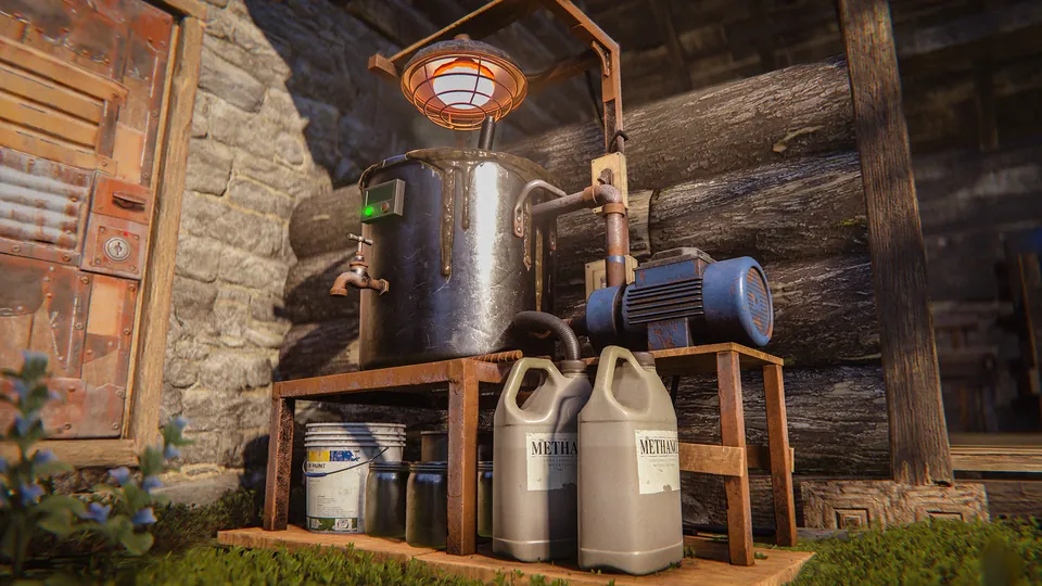 A Biofuel Generator made of a steel tank, pipes and a motor on a wooden stand beside a log cabin, with jugs of methane below