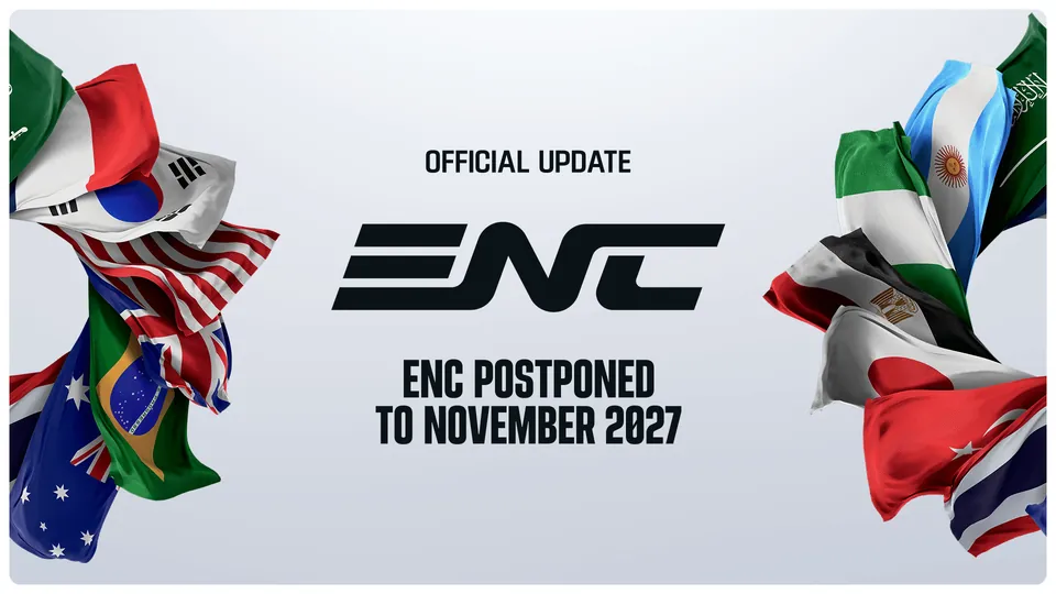 Esports Nations Cup graphic with national flags on both sides and the words ENC postponed to November 2027