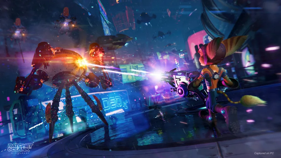 Ratchet fires a blaster at robots on a neon-lit street in Ratchet & Clank: Rift Apart