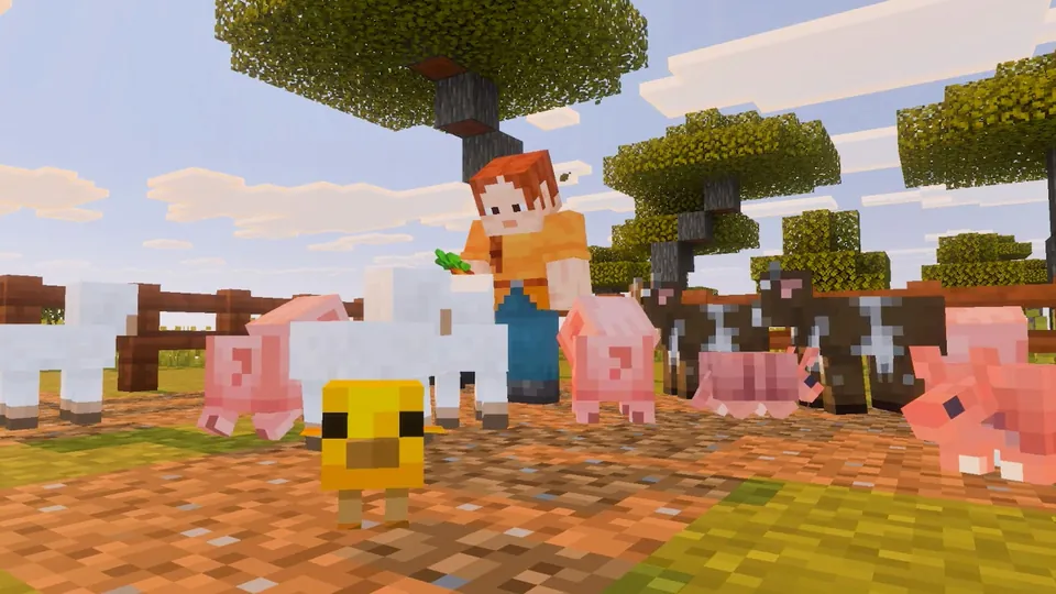 A Minecraft player on a farm surrounded by pigs, sheep, cows and a chick
