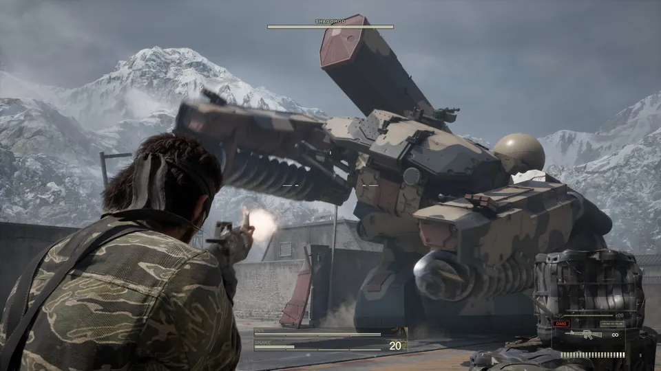 A soldier fires a pistol at a huge walking tank on a snowy mountain base in Metal Gear Solid Delta: Snake Eater