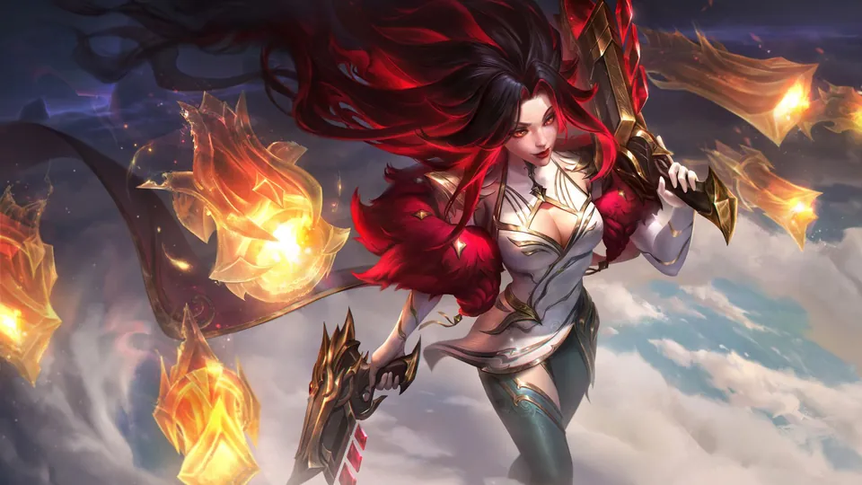 MVP T1 Miss Fortune with long red hair and two golden pistols, firing among clouds and flames