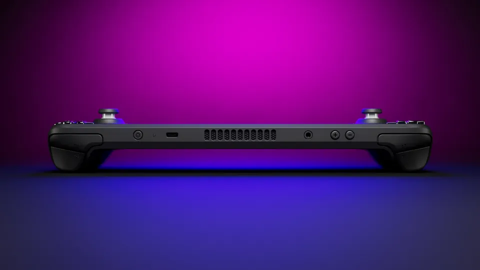 Top edge of Steam Deck with its power button, USB-C port, vents and volume buttons
