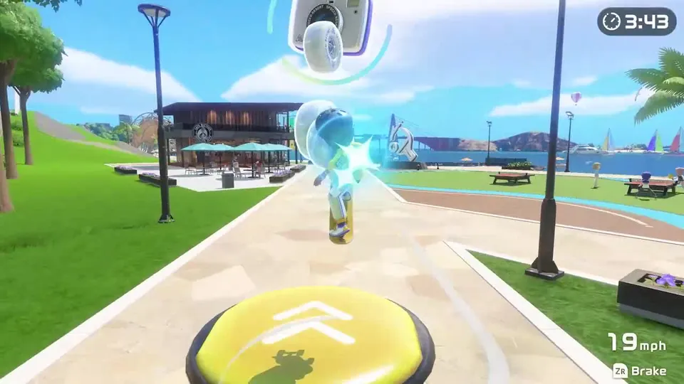 A skateboarder rolls down a promenade toward a boost pad at 19 mph on Wuhu Island