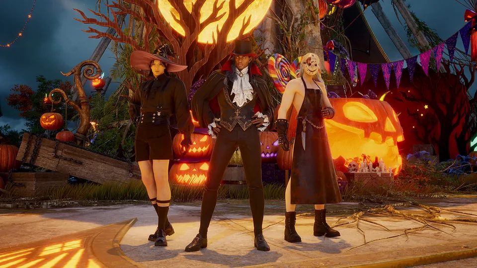 AION 2 characters in Halloween costumes posing in front of carved pumpkins and a glowing moon
