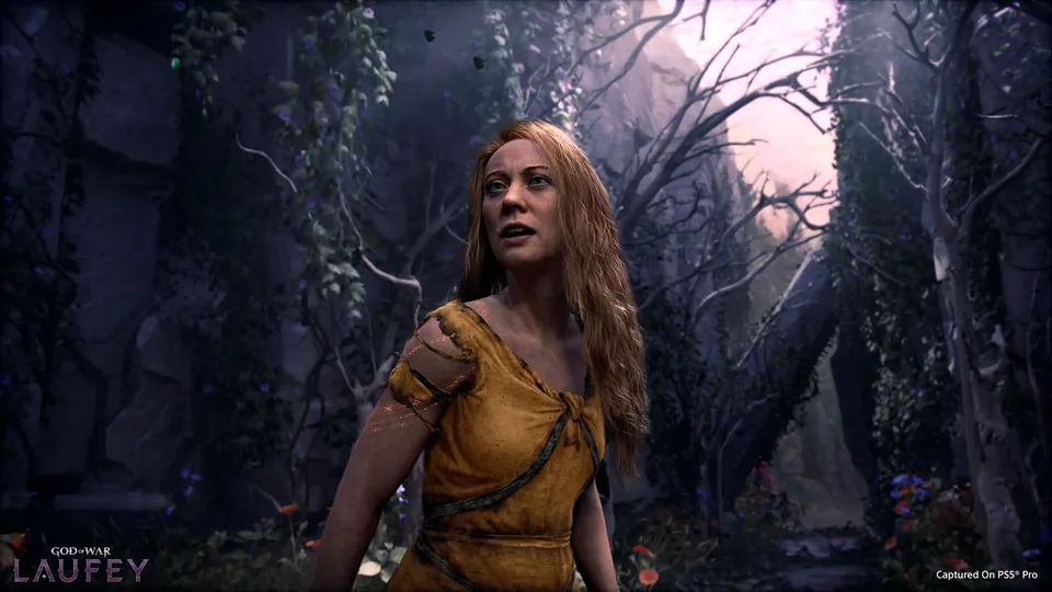Faye looks up in a dark forest in God of War Laufey