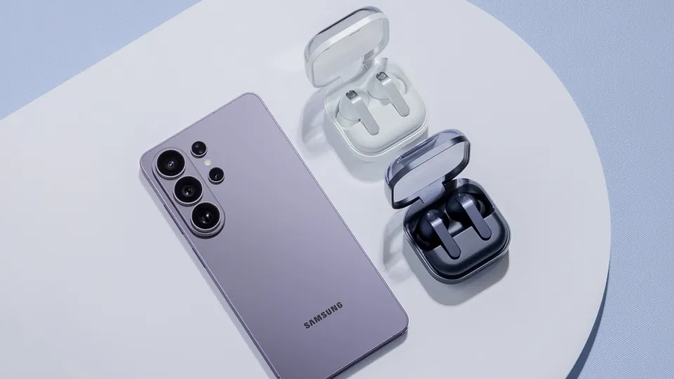 A Galaxy S26 Ultra next to two open Galaxy Buds4 cases