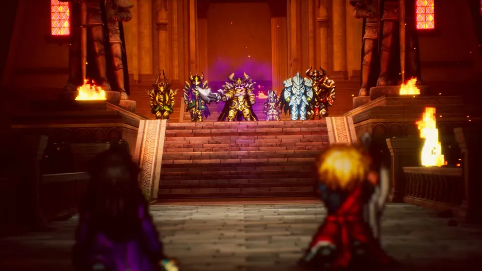 Armored figures stand at the top of a staircase in a fiery throne room as two characters look on
