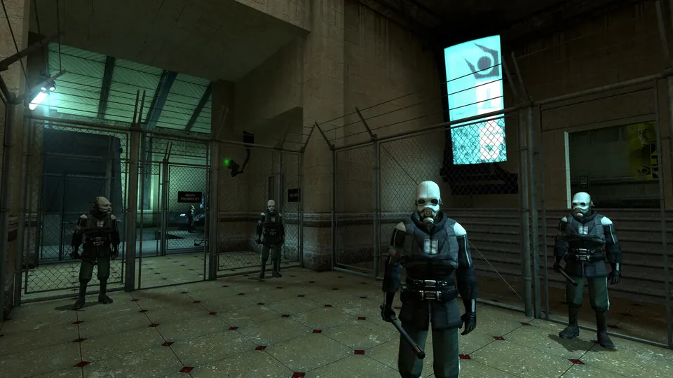 Combine Civil Protection officers in gas masks guard a fenced checkpoint in Half-Life 2