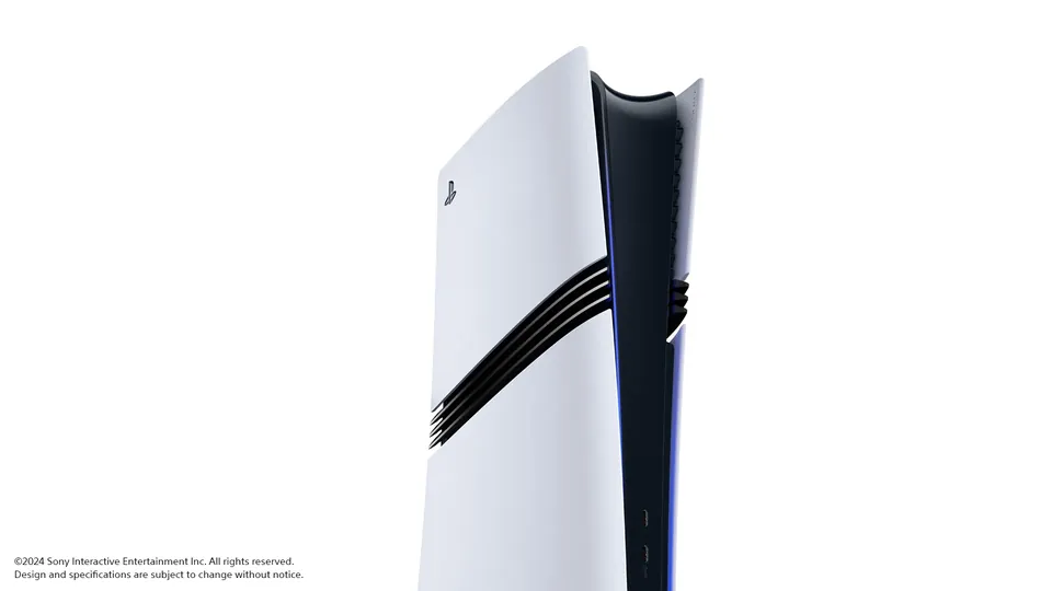 A close-up of the PS5 Pro's white panels and three black stripes.
