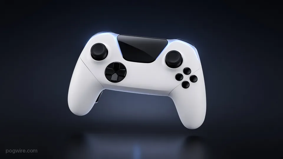 Illustration: a white next-generation game controller with a black touchpad on a dark background