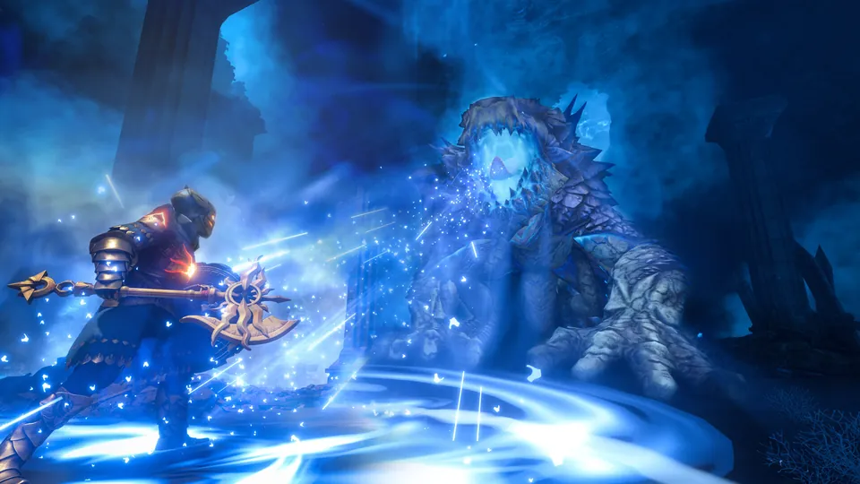 An Enshrouded warrior with a glowing spear faces a giant blue ice creature